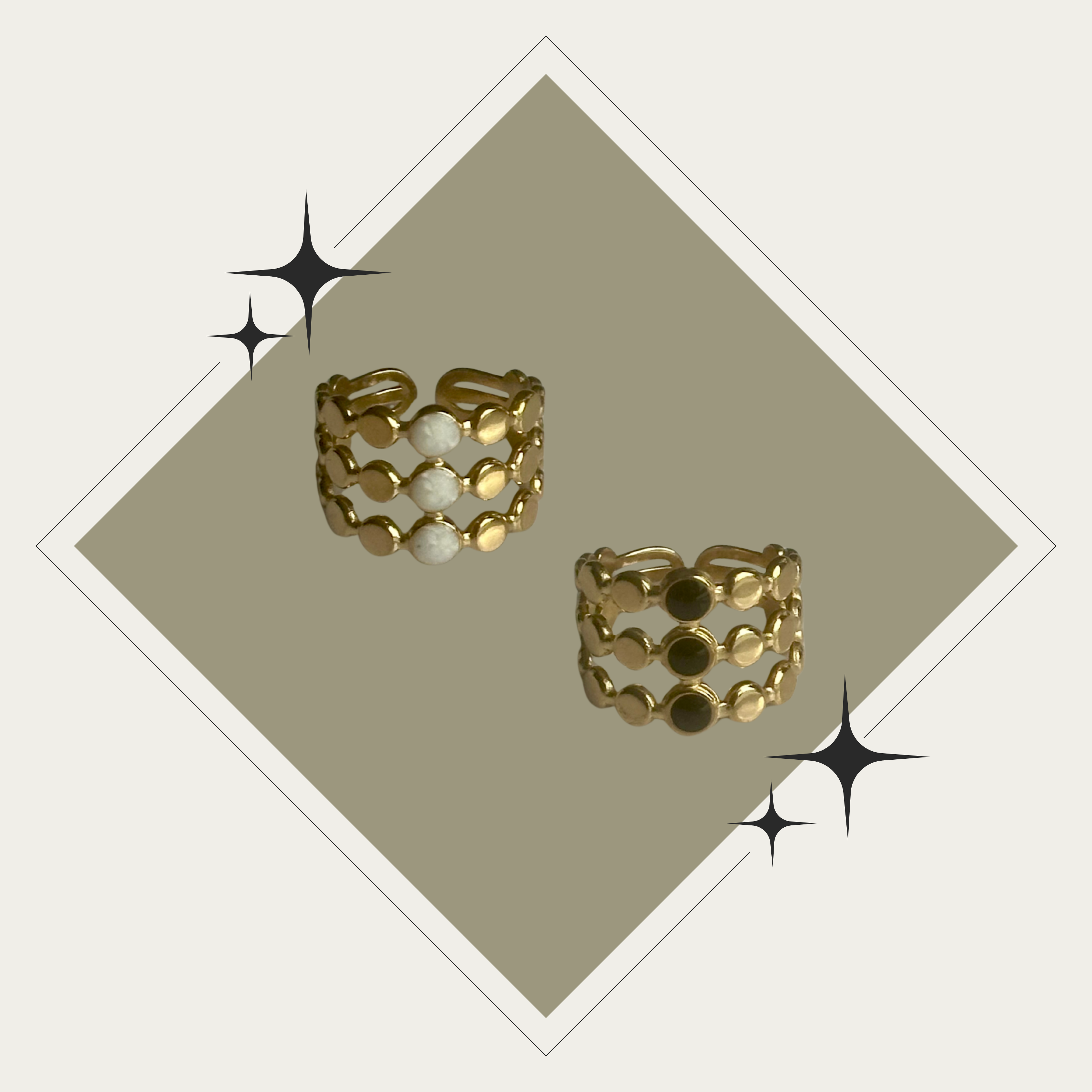 Sortija oro triple con circulos blanco o negro en centro Stainless Steel