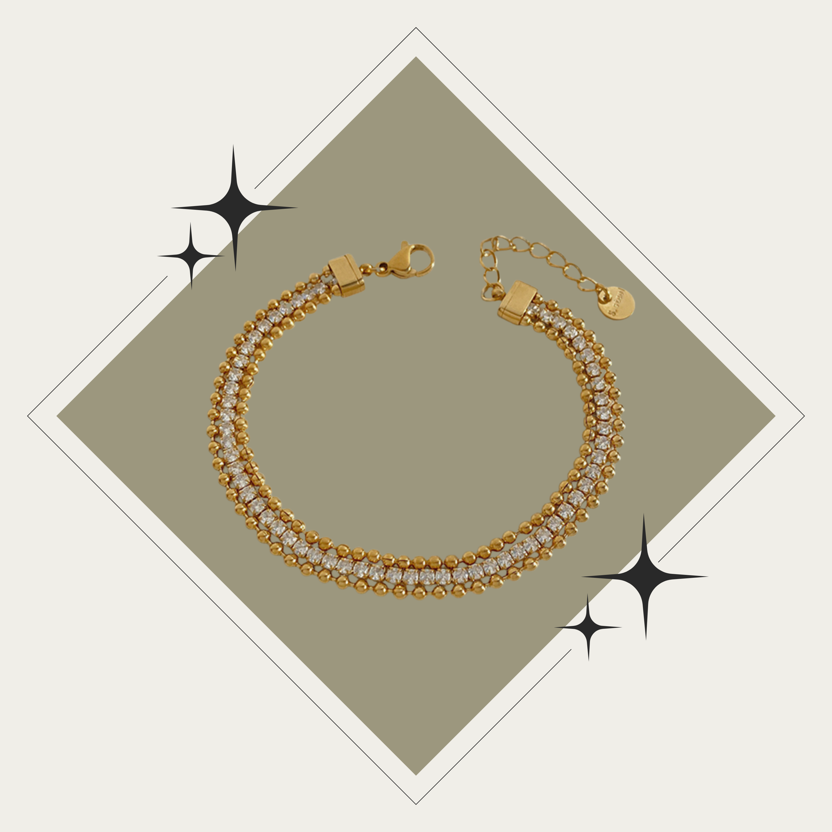 Pulsera triple de cadena militar y diamantes oro Stainless Steel