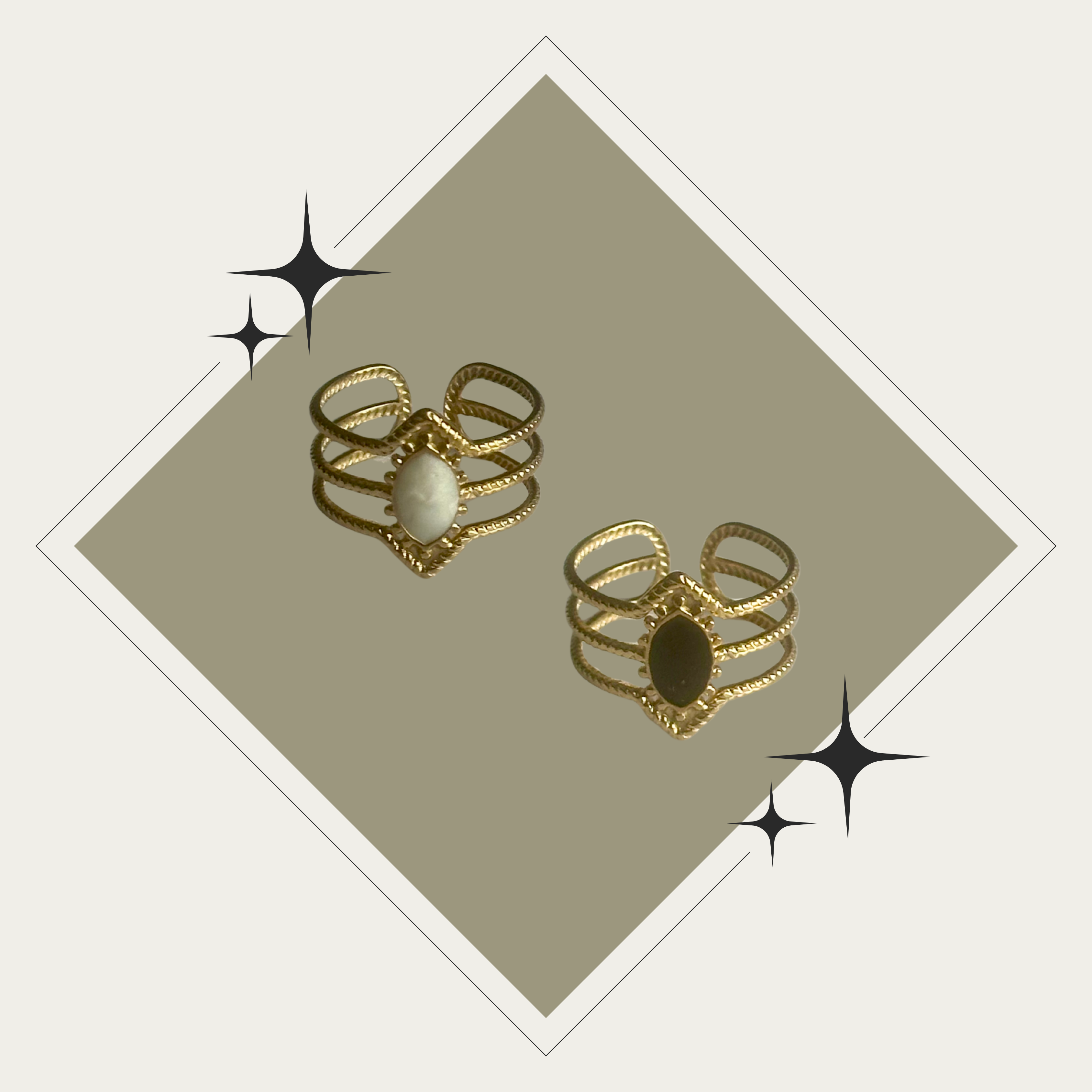 Sortija oro triple con ovalo blanco o negro en centro Stainless Steel