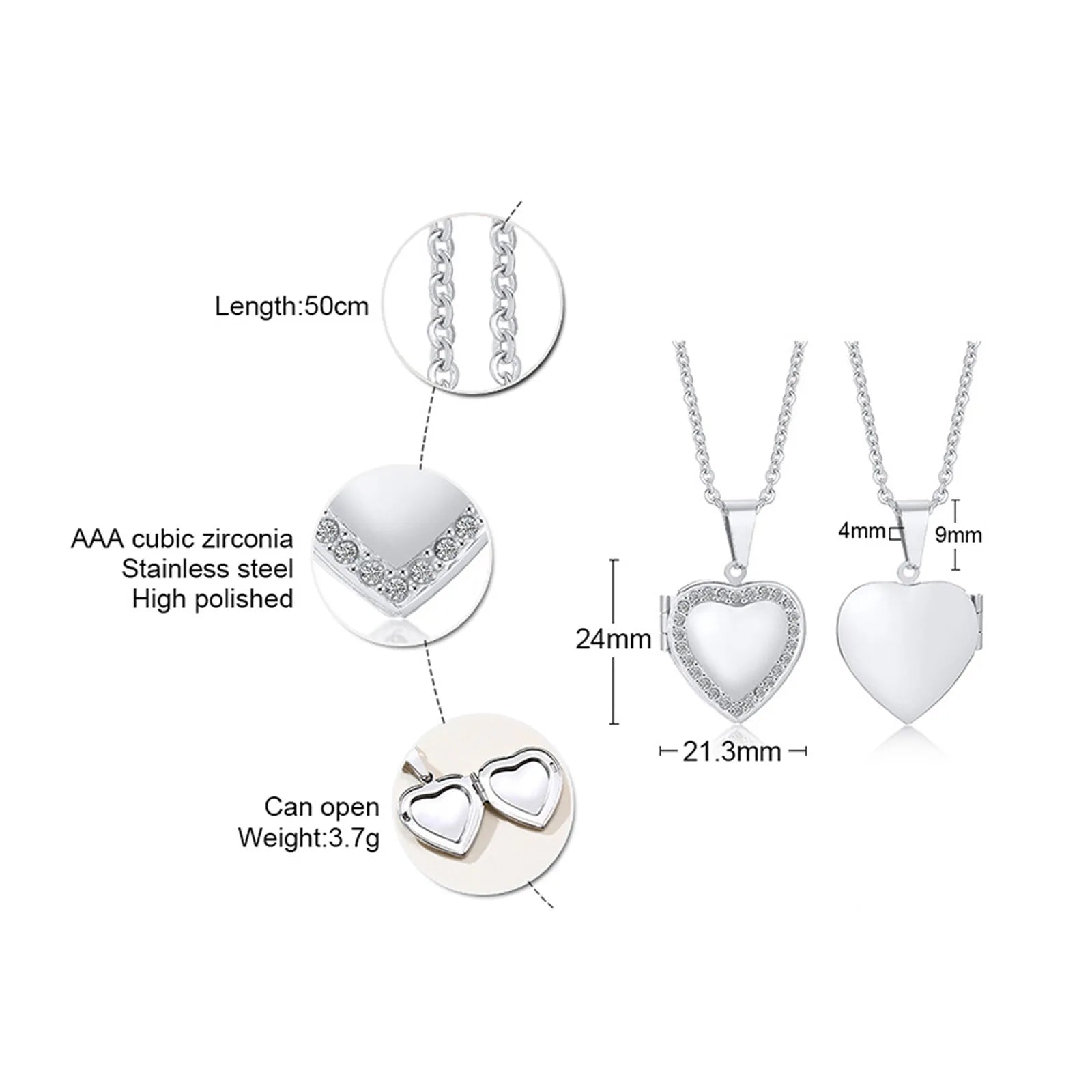 Photo necklace - corazón plata con diamantes (1-2 fotos)