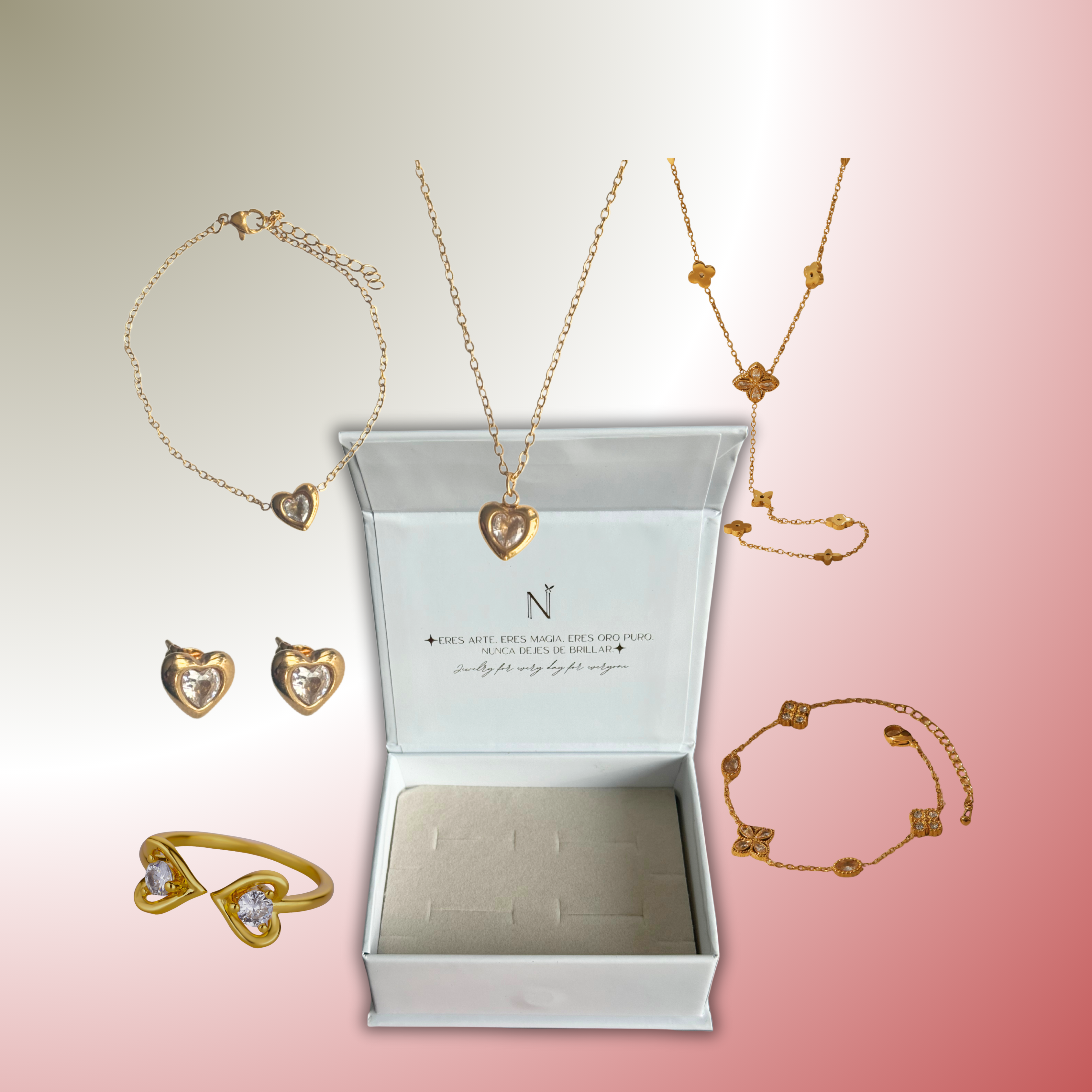 6 piezas con corazón oro y flor