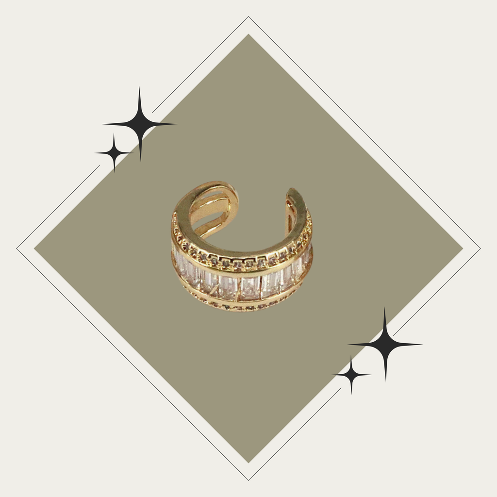 Earcuff oro con cuadrados en zirconia baño en oro 18K