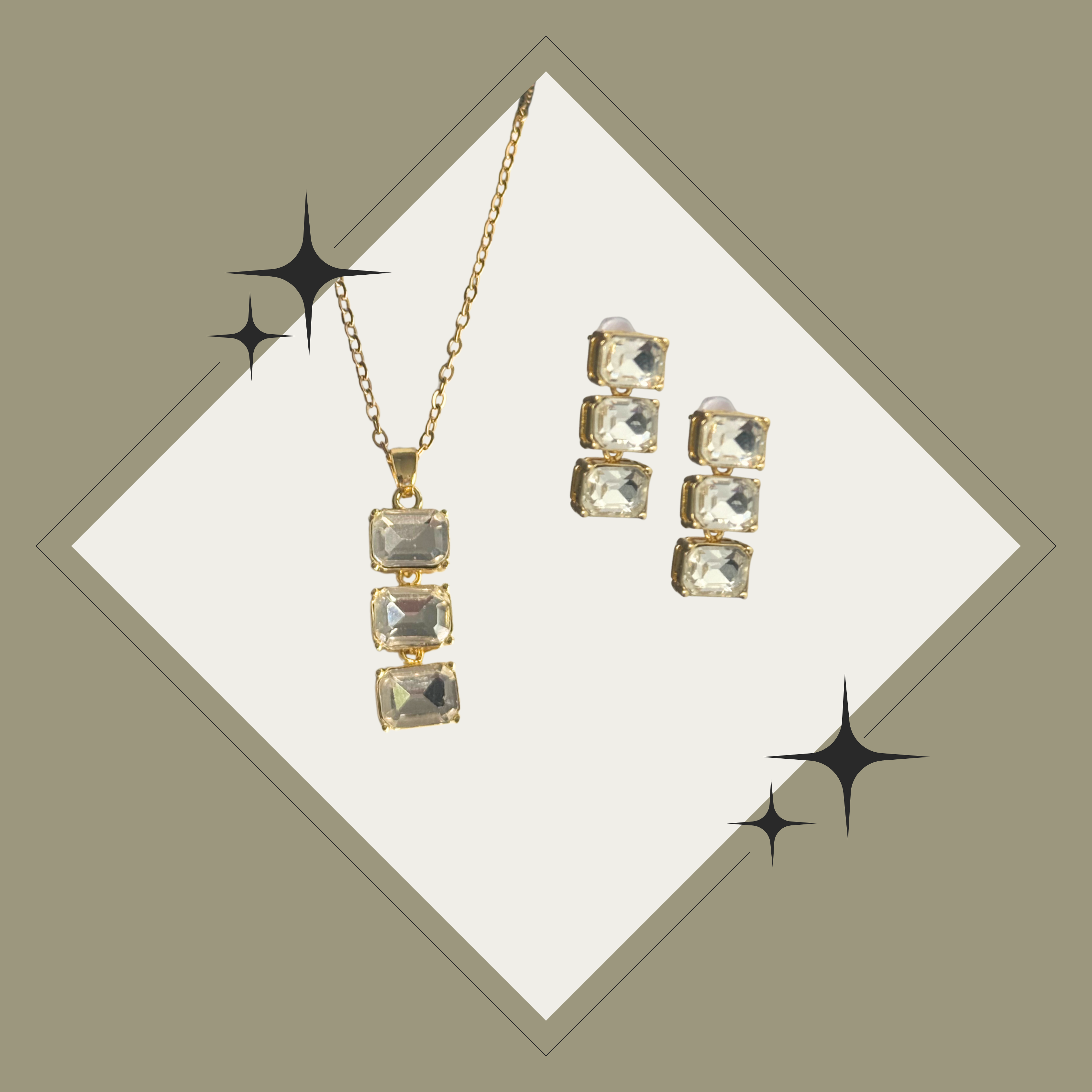 Conjunto de lujo con tres piedras transparente - collar y pantallas