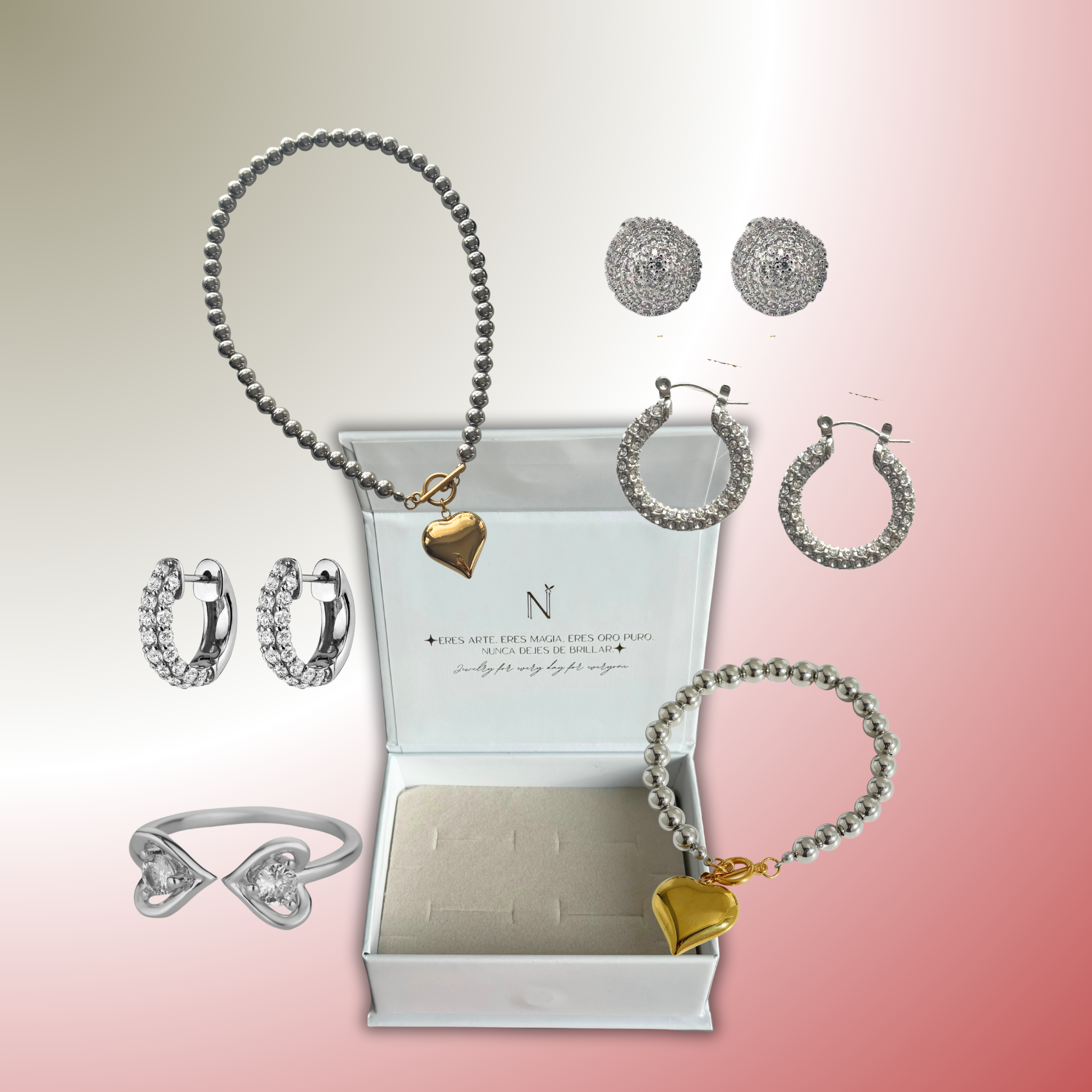 6 piezas plata con diamantes y corazón