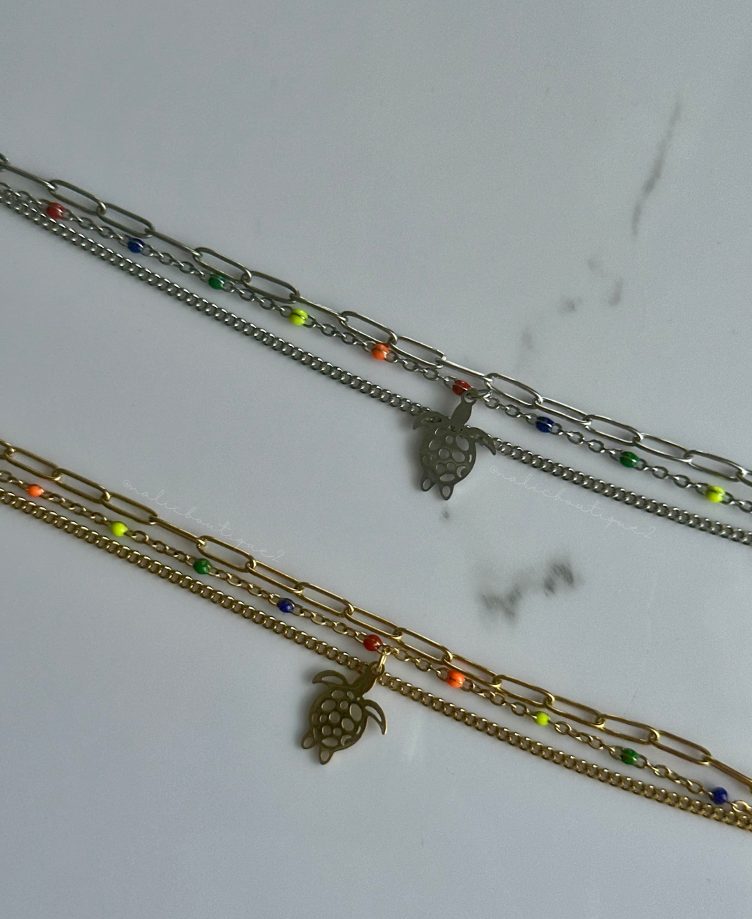 Tobillera de tres cadenas con tortuga - oro o plata - Stainless Steel