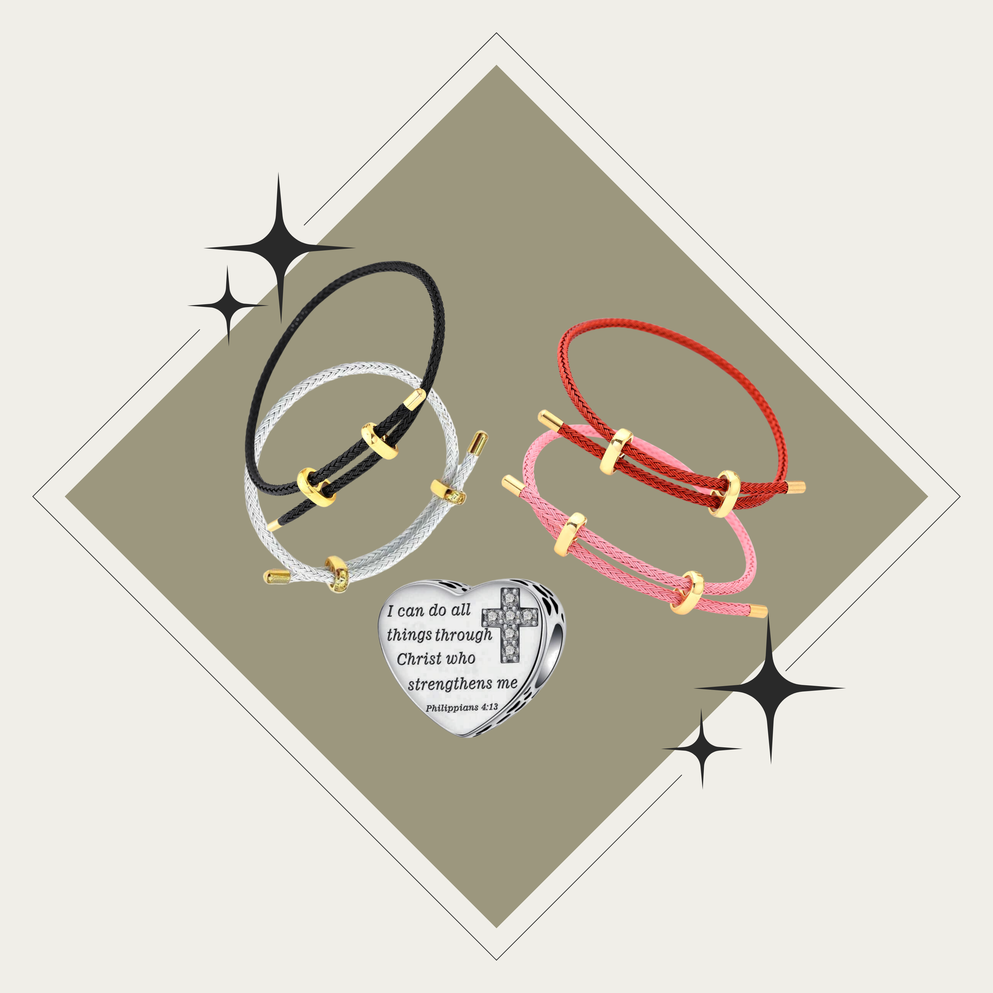 Día 9: Pulsera ajustable con dije de corazón con Filipenses 4:13